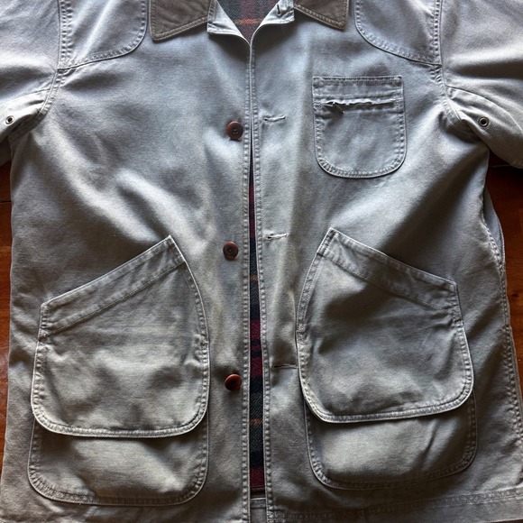 VTG LL Bean Barn Coat Mens Large Green Canvas Plaid Lined Chore Jacket Button - Picture 7 of 10